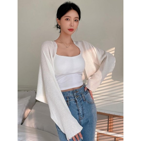 Women Knit Bolero Shrug Long Sleeve Cropped Cardigan Mesh Sweater - Picture 5 of 5